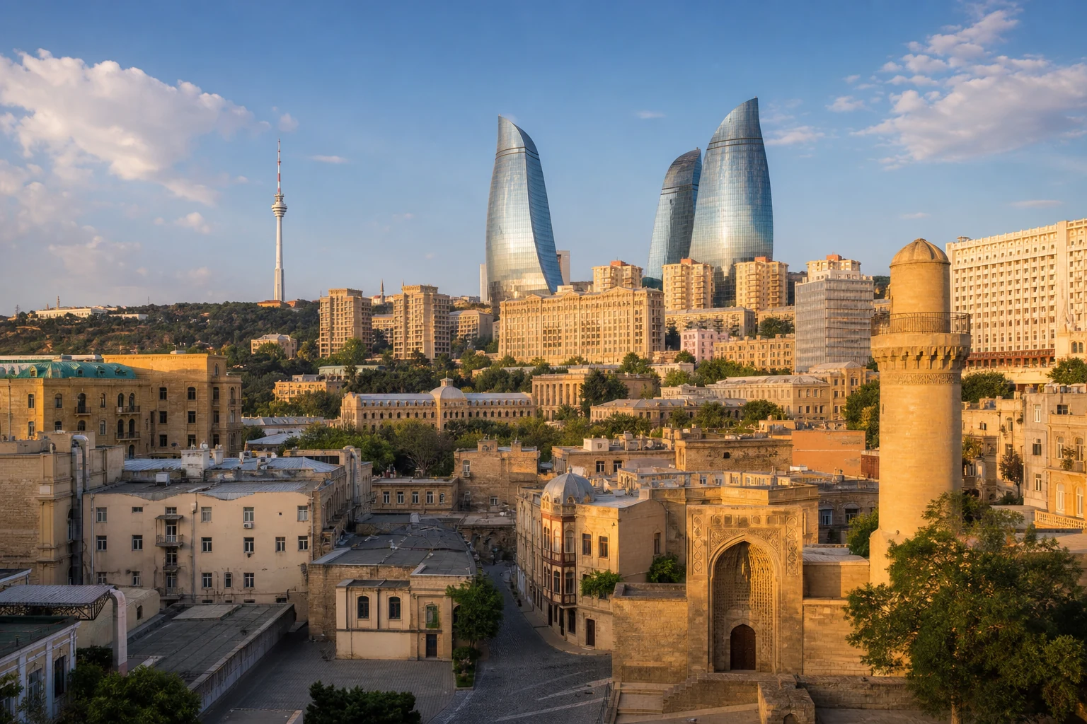Baku Old City with the Flame Towers in Azerbaijan