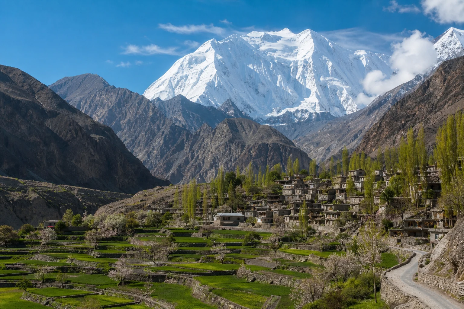 Hunza Valley and snow-covered Karakoram peaks in Northern Pakistan