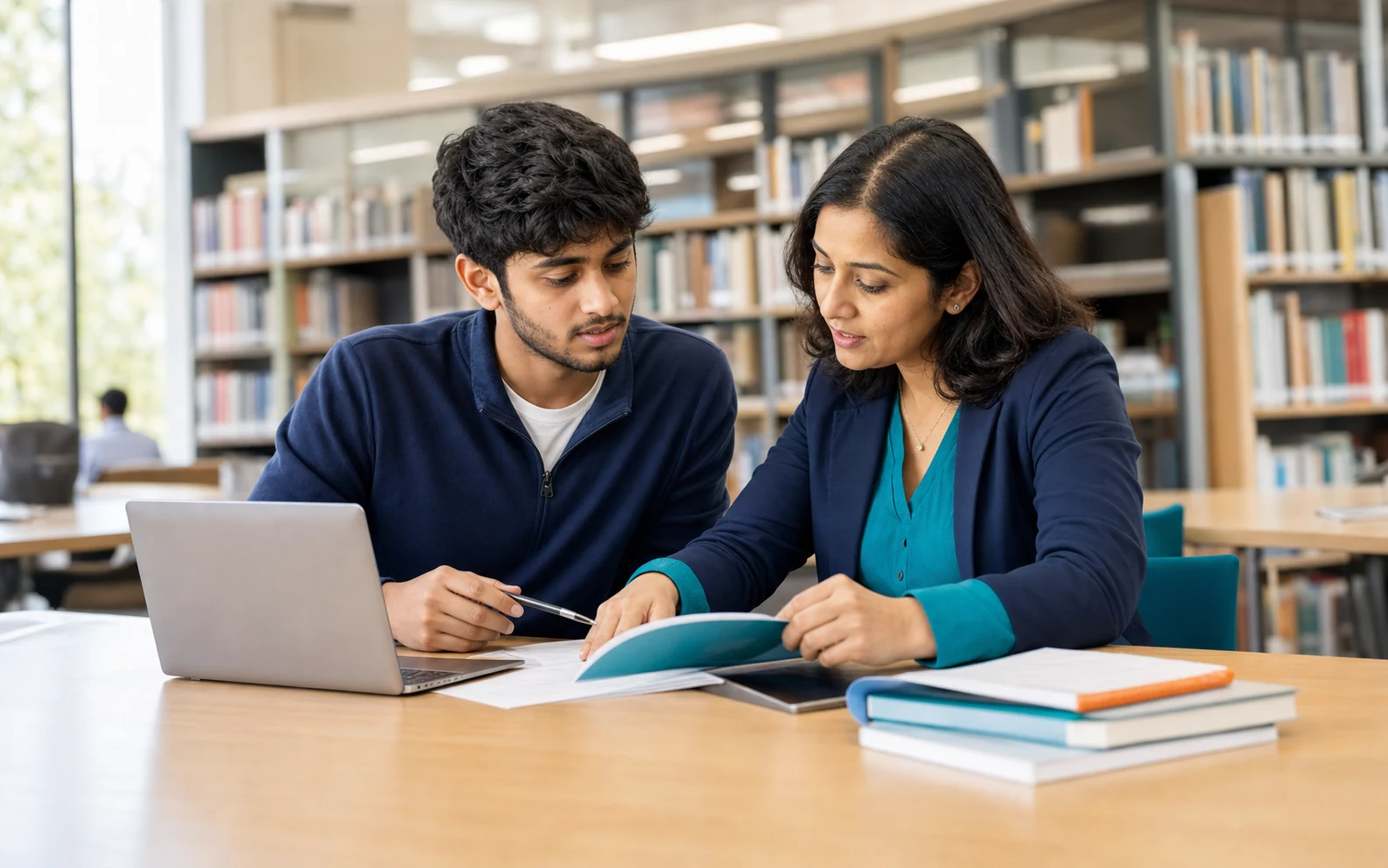 Student reviewing study options with an education adviser in a library