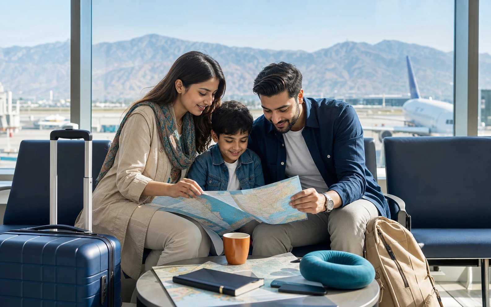 Family planning an international journey at an airport
