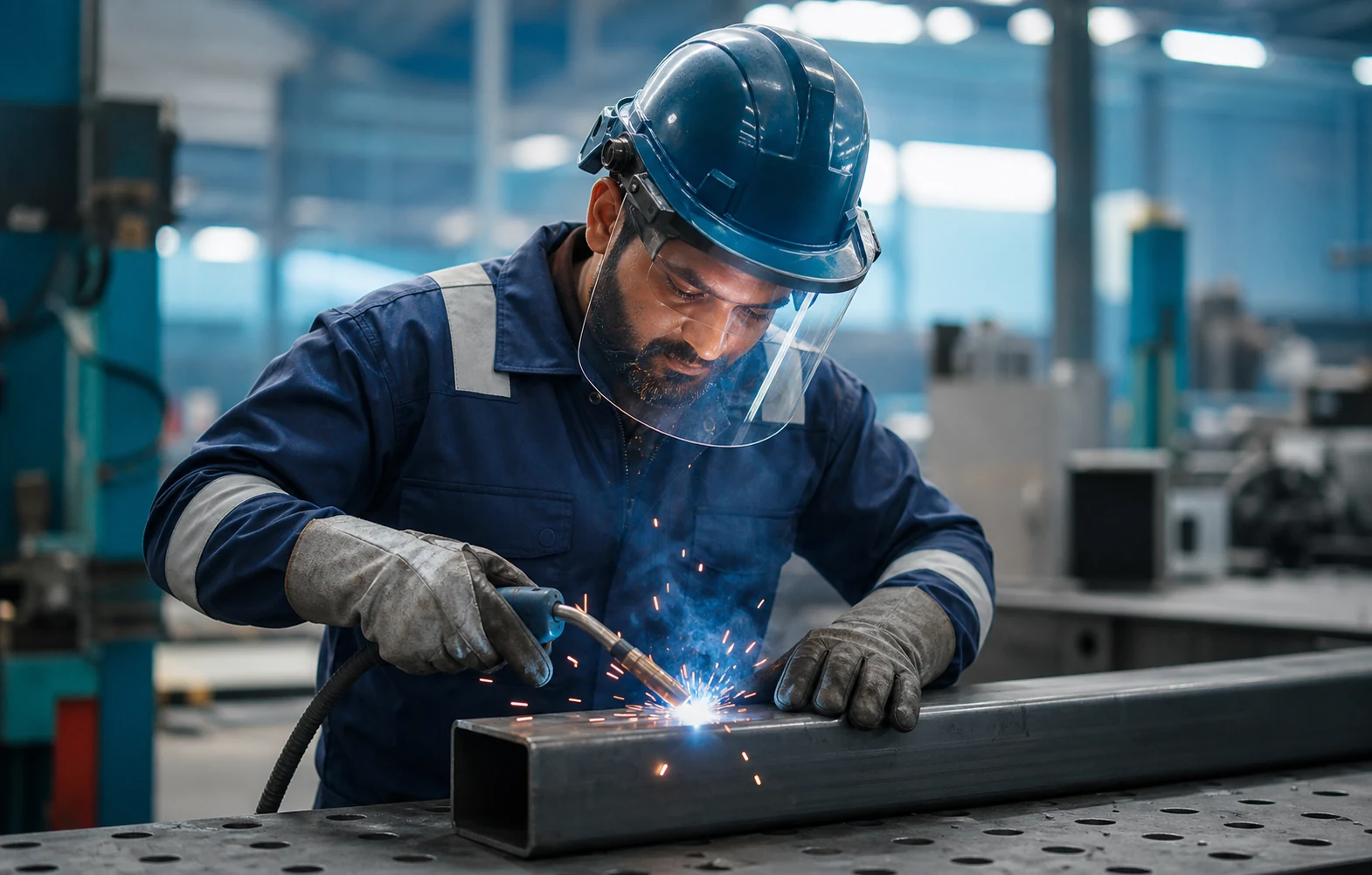 Skilled professional welding safely in a modern workshop